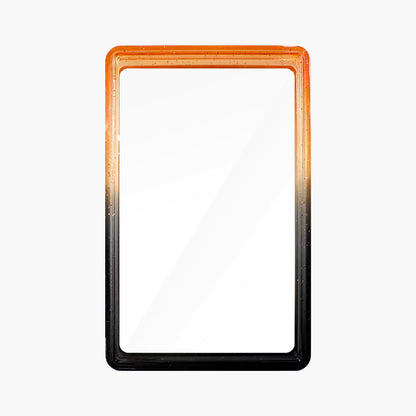 Rectangular trading card case with gradient color from orange to black on a white background